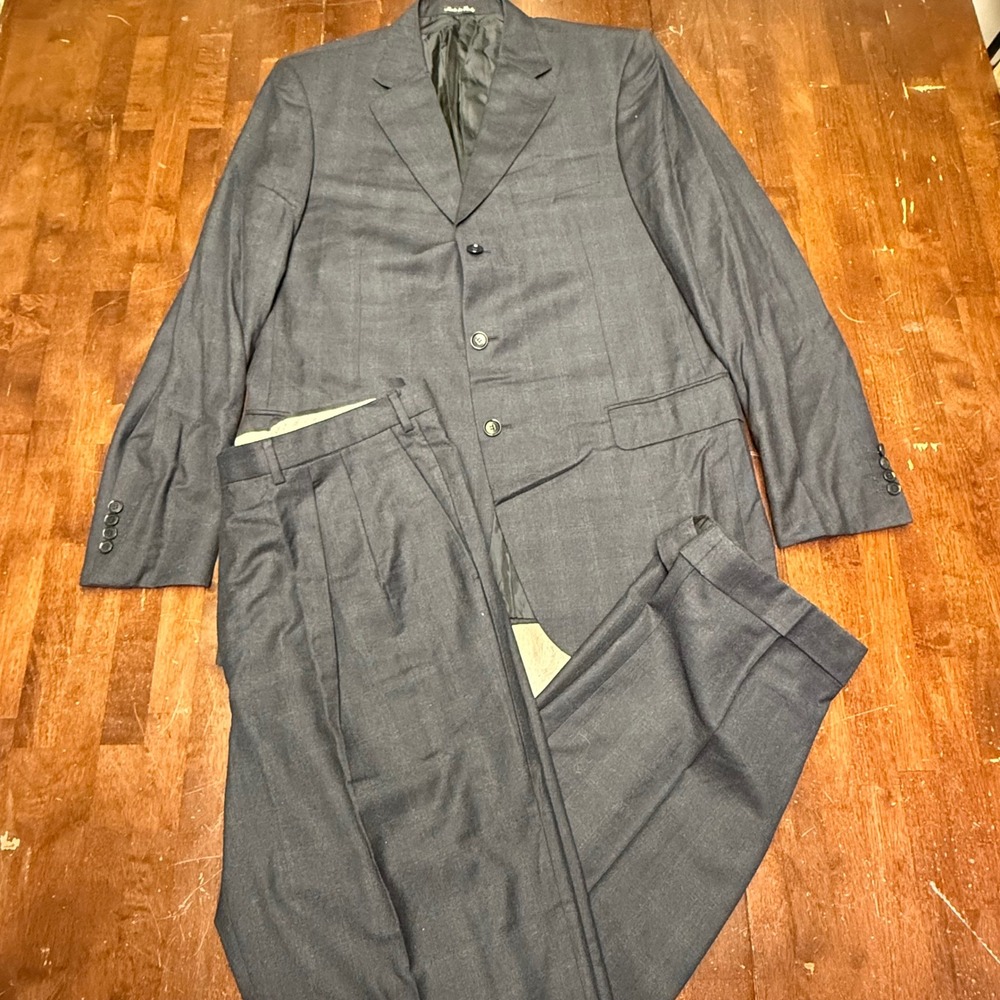 Pal Zileri Suit Men 46L Windowpane Check Charcoal Grey Wool Pleated Cuffed Italy